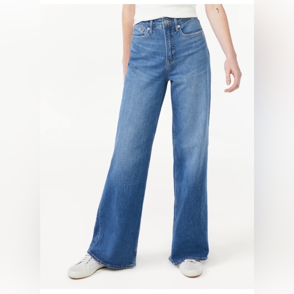 NEW Stylish Blue Flare Women's Jeans SUPER HIGH WIDE LEG JESNS SIZE 18  COTTON